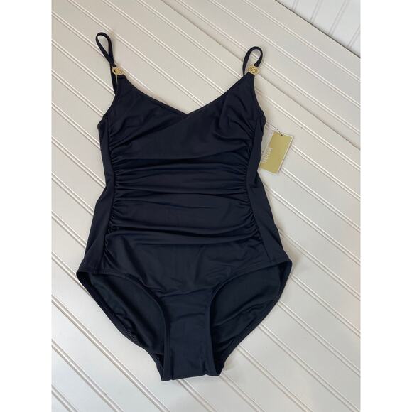 NWOT Michael Kors One Piece Swimsuit Black V-Neck Ruched Cinched 1-PC Swimsuit S - Picture 1 of 5